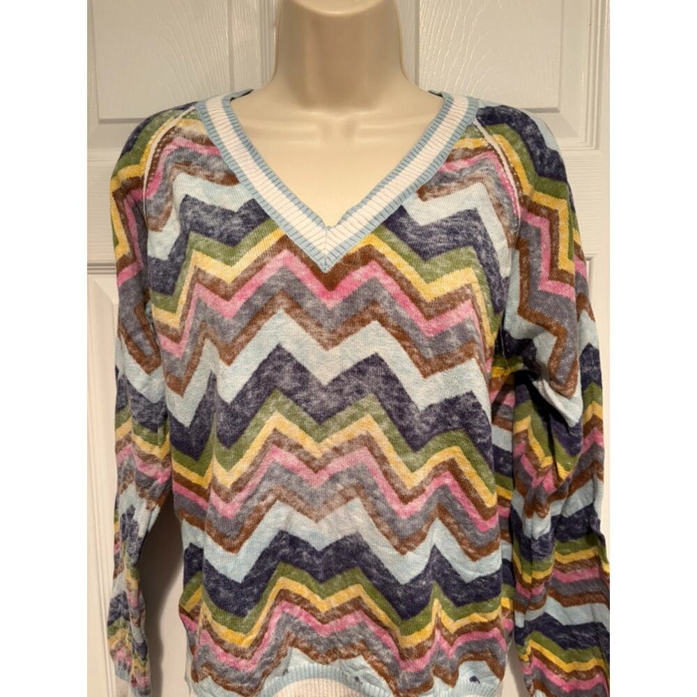 Minnie Rose Womens Chevron V-Neck Sweater Cotton Cashmere Multicolor Boho Large‎